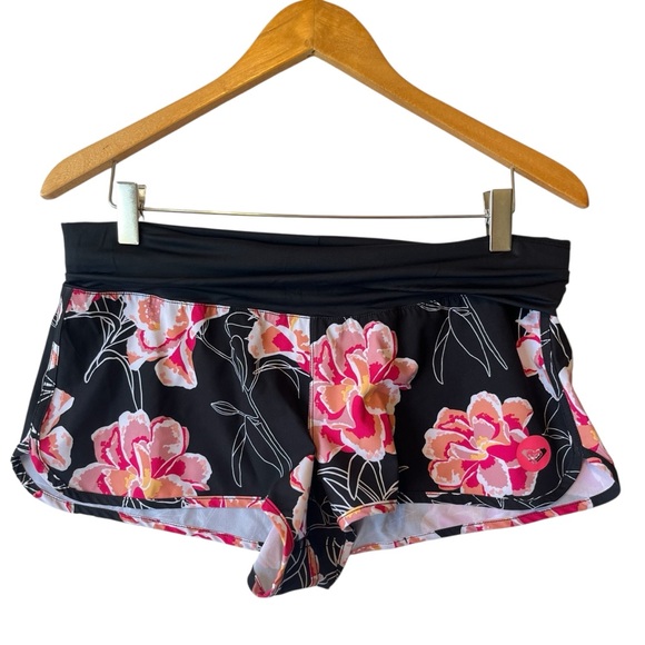 Roxy high foldover waist swim shorts Medium Black pink floral Womens Quick dry - Picture 1 of 7